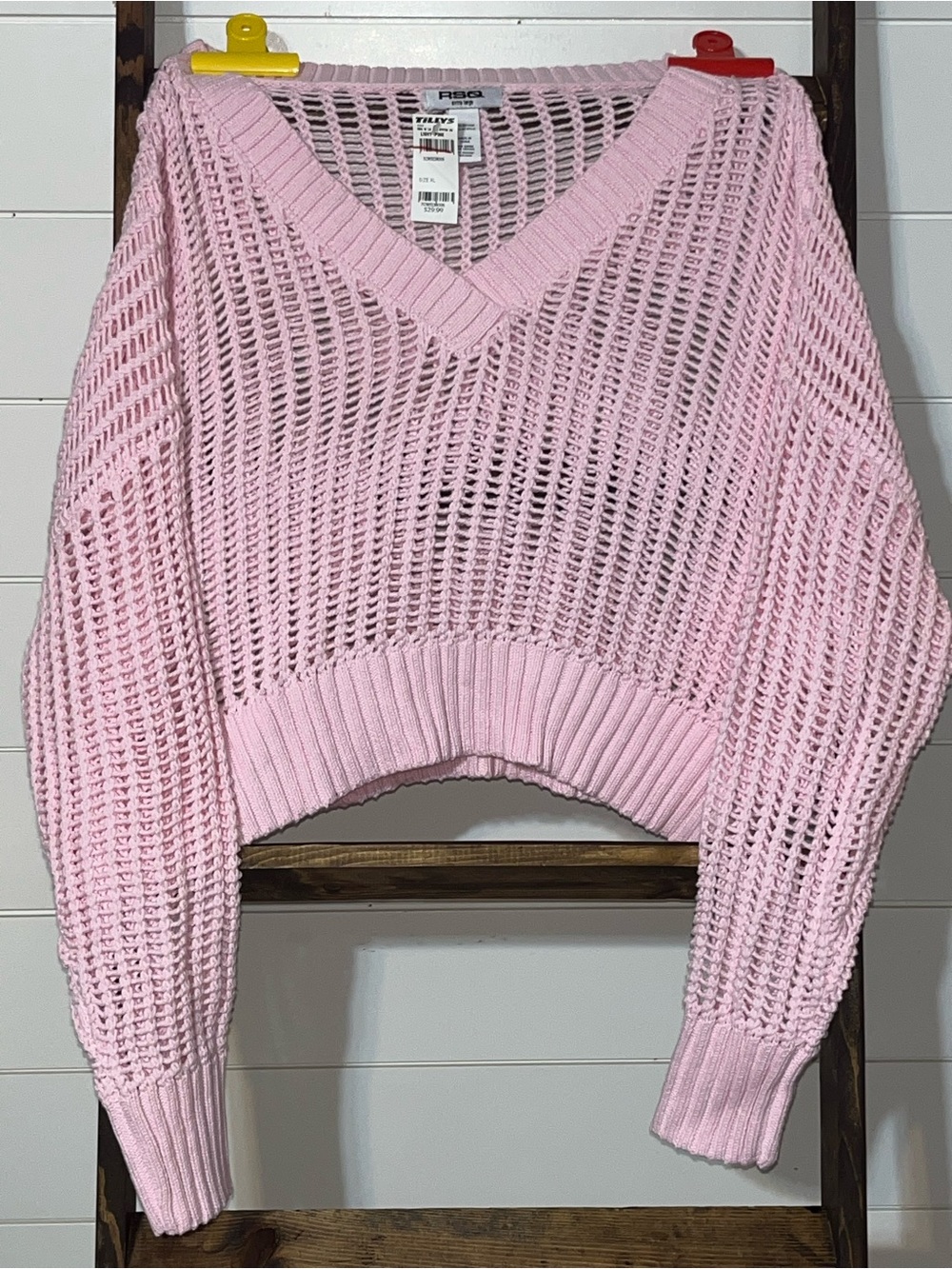 RSQ Light Pink Open-Knit V-Neck Sweater